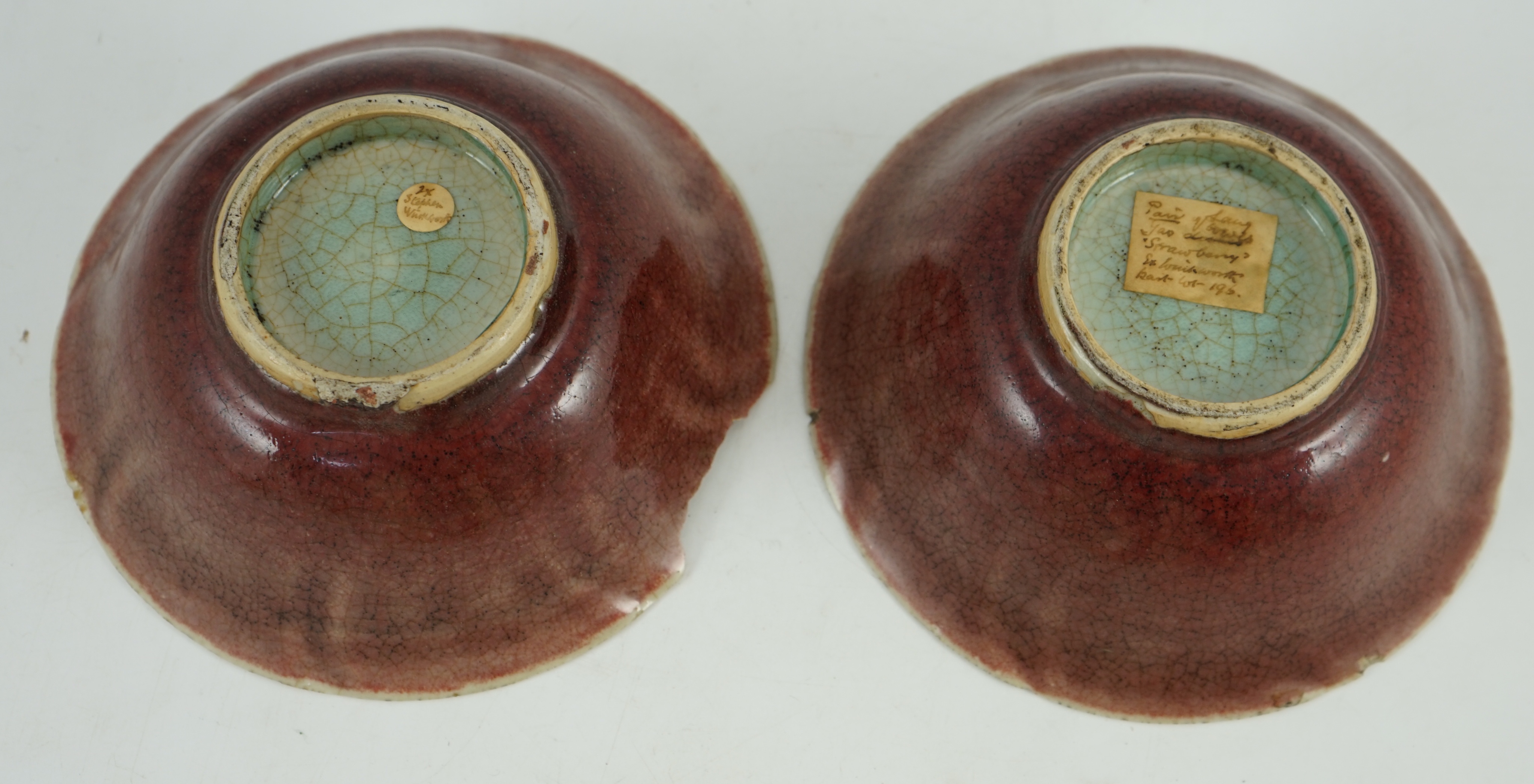 A pair of Chinese sang-de-boeuf glazed bowls, Langyao hong, Kangxi period, 19.5 cm diameter, some damage